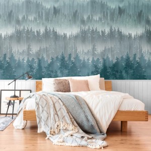 Fototapete Wald in Blau, Türkis, Weiß und Grau im Schlafzimmer.