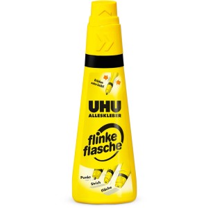 Uhu Alleskleber Flinke Flasche, 90g, gelbe Flasche mit Drehklebekopf für präzises Kleben.