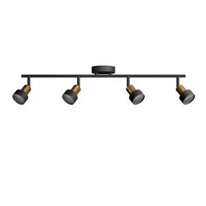 Linearer Conduit Deckenspot mit 4 schwenkbaren GU10 Strahlern in Schwarz-Gold. Modernes Design für gezieltes Licht.