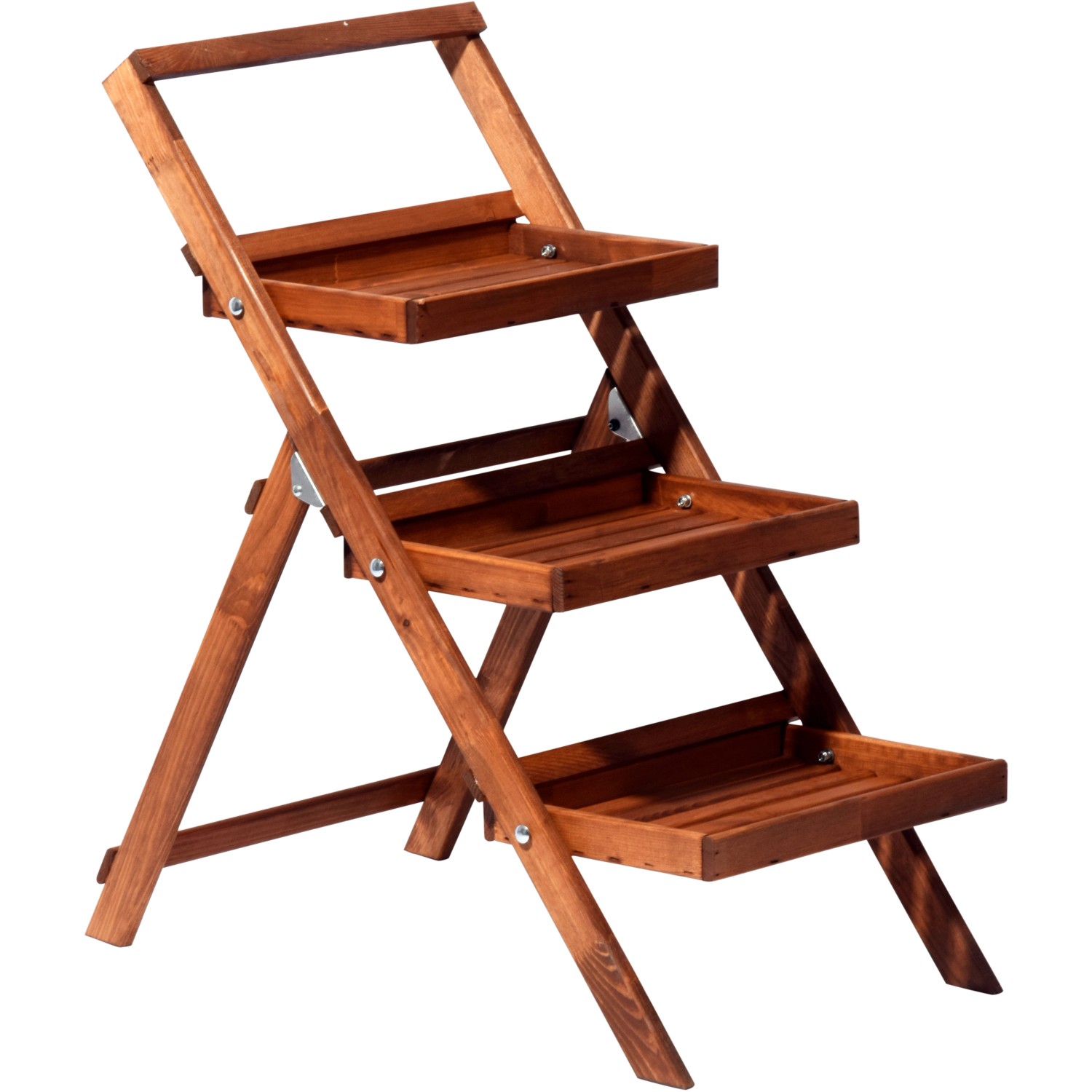 Klappbare, braune Dobar Blumentreppe aus FSC®-zertifiziertem Holz mit drei Ablageflächen für Gartendekoration.