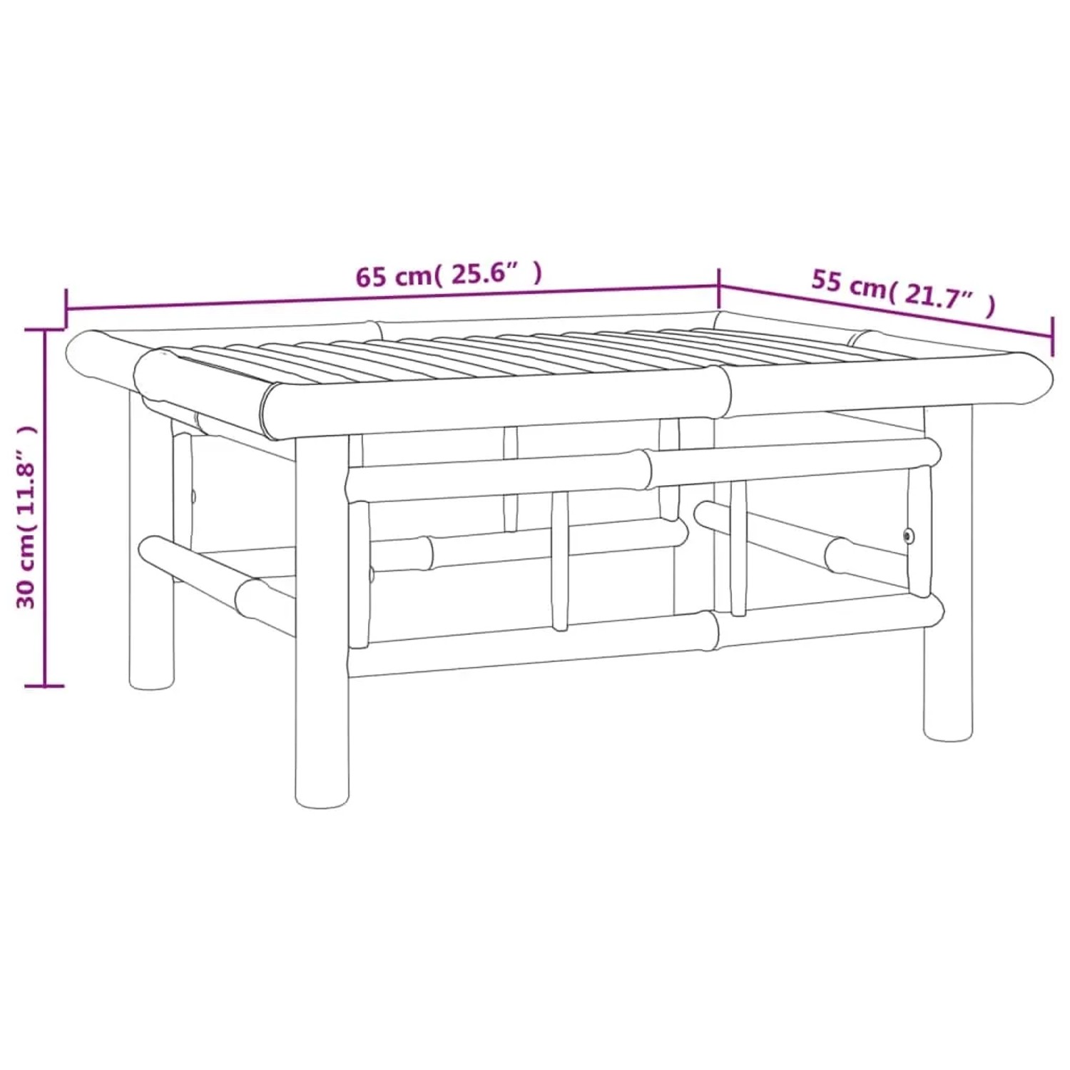 Skizze des vidaXL Gartenmöbel Tisches aus Bambus, Teil des 7-tlg Lounge Sets.
