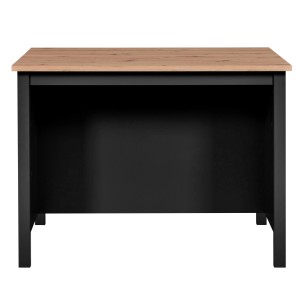 Schwarze Kücheninsel Helina mit Eichenholzplatte, 124x75x91,5 cm, bietet Platz für 2 Barhocker.