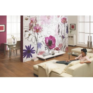 Komar Fototapete Purple mit Blumenmuster im Wohnzimmer, 368x254 cm, FSC®-zertifiziert.