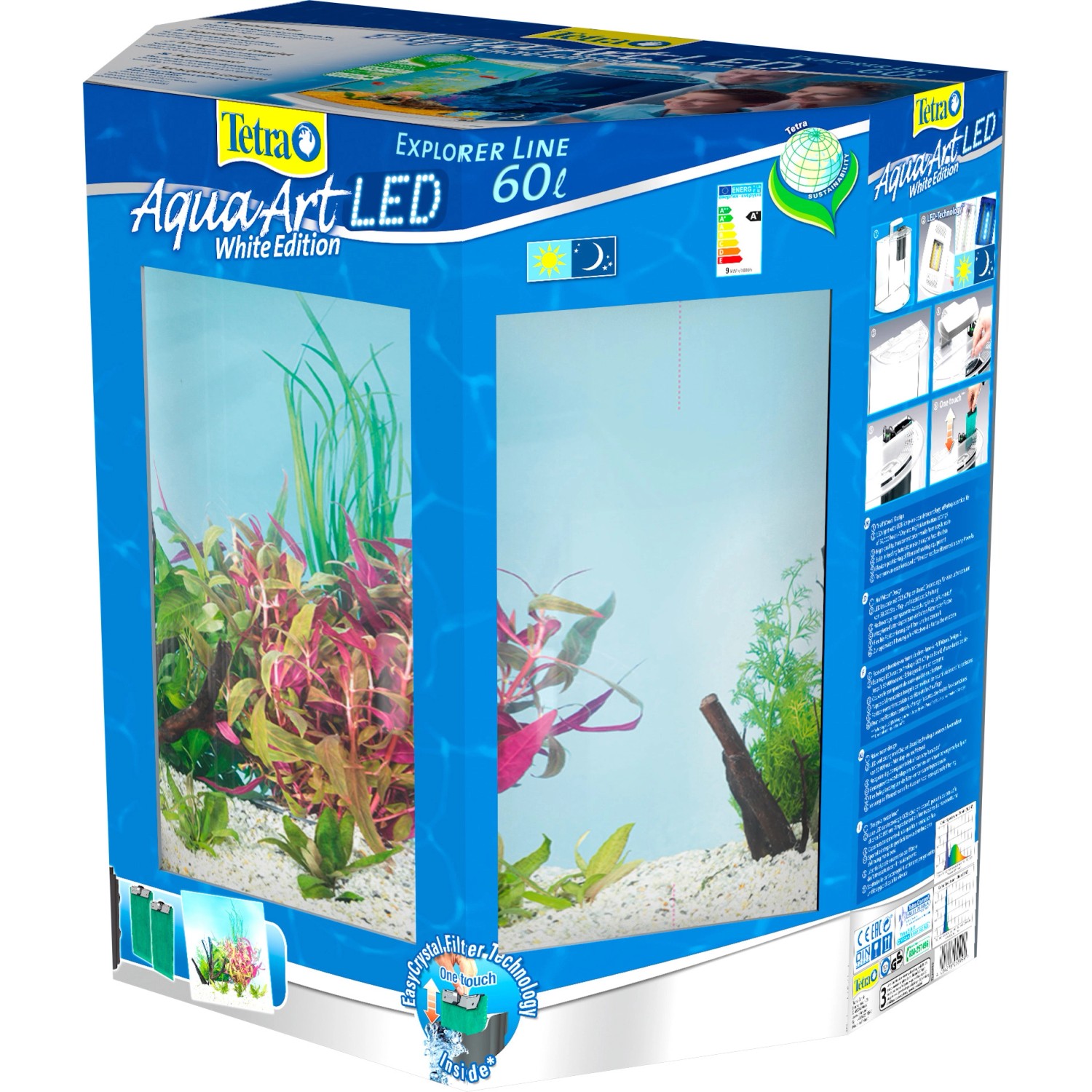 Verpackung des Tetra Aquarium-Set AquaArt Explorer Line Tropical LED 60 l, mit Pflanzen und Dekoration.