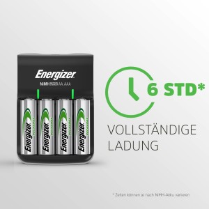 Energizer Batterieladegerät mit 4 AA Akkus im Ladegerät. Akkus laden in 6 Stunden.