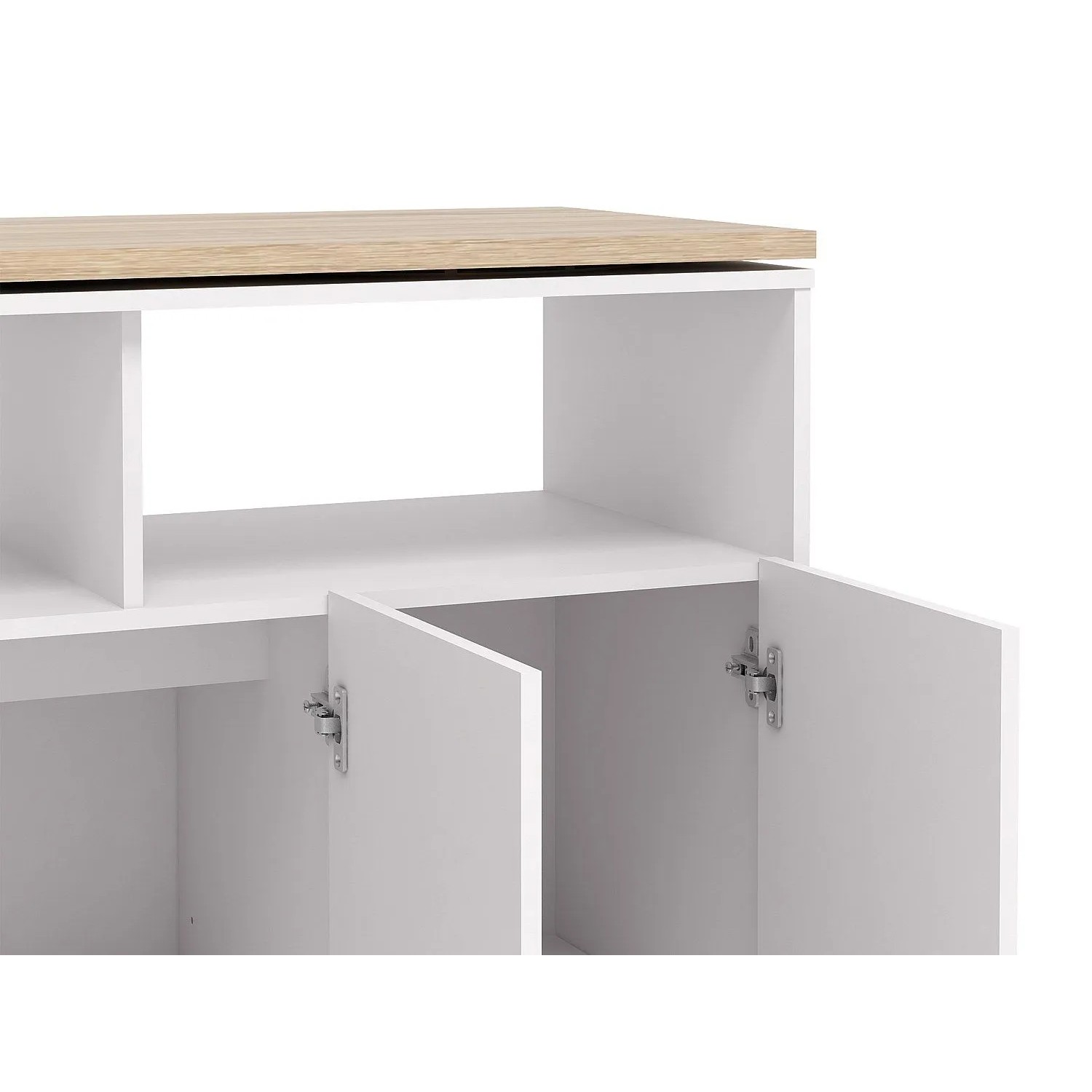 Vinalo Barschrank, weiß mit heller Holzplatte, offenen Fächern und leicht geöffneten Türen. Bartisch-Set.