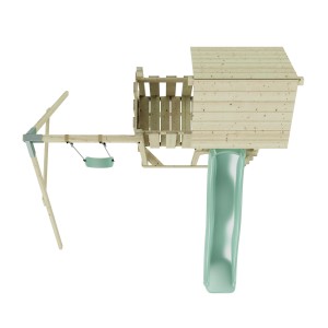 PolarPlay Kinderschaukel Bergen mintgrün mit Rutsche und Spielturm aus Holz.