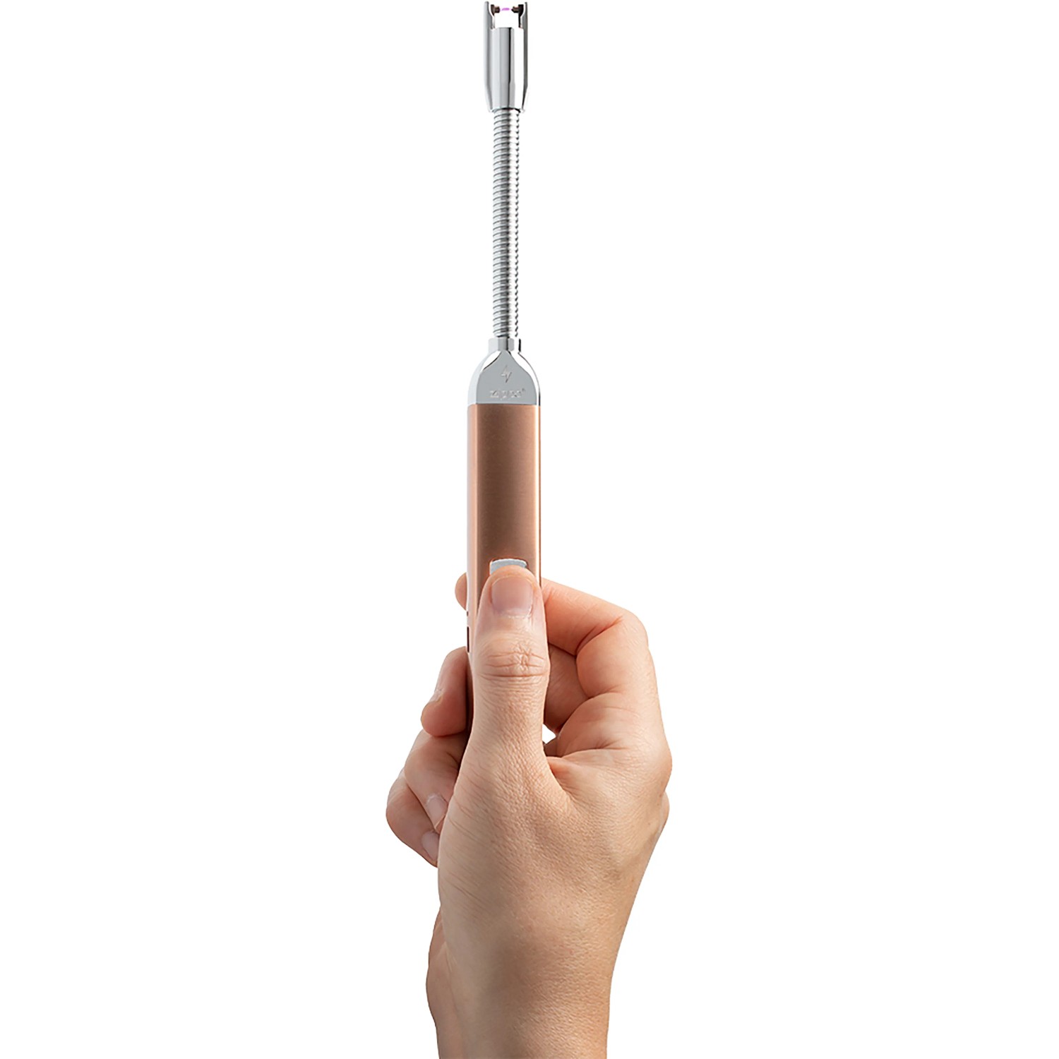 Zippo Kerzenfeuerzeug Rose Gold mit Schwanenhals in Hand, wiederaufladbar.