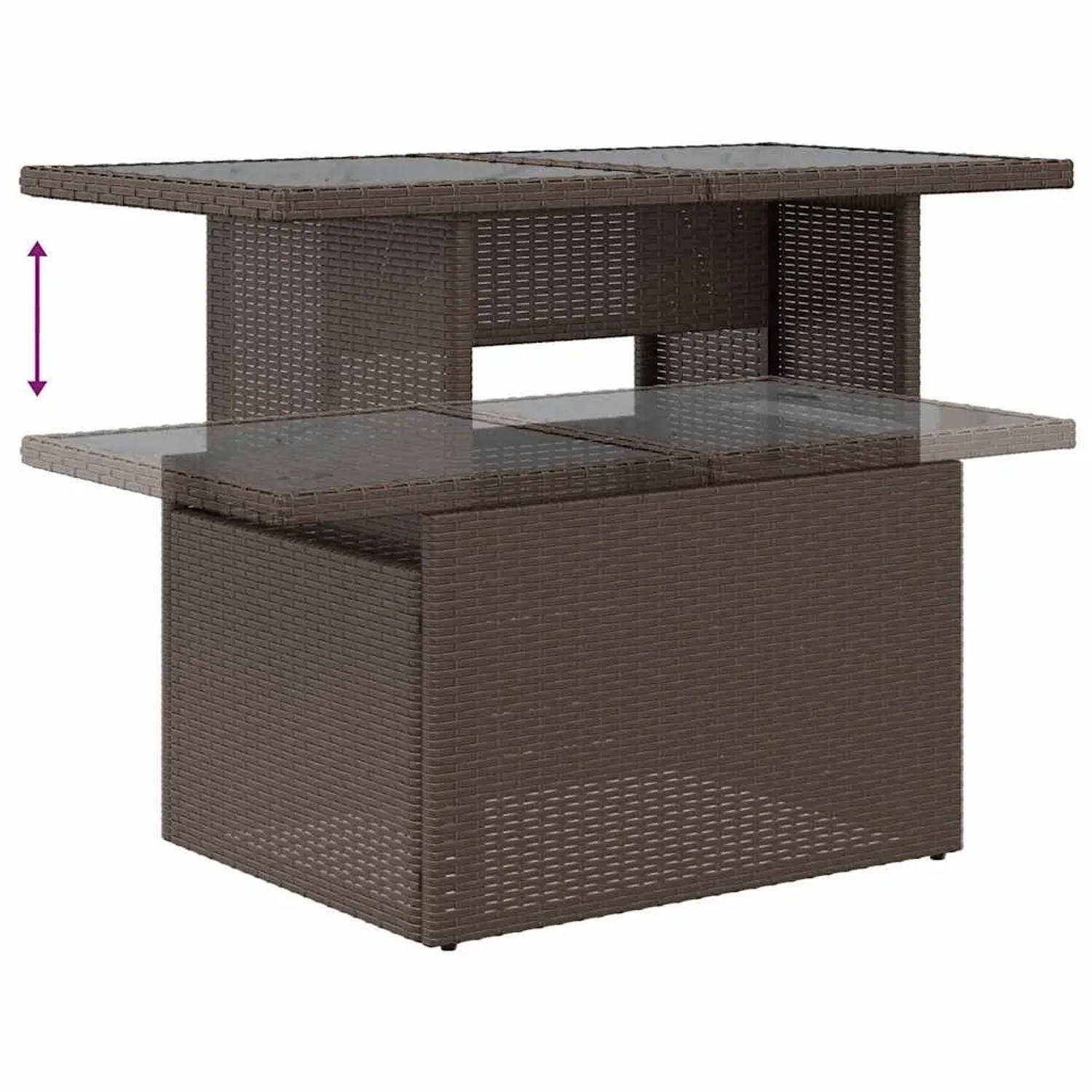 Höhenverstellbarer Gartentisch aus braunem Rattan mit Glasplatte für die vidaXL Garten-Sofagarnitur.