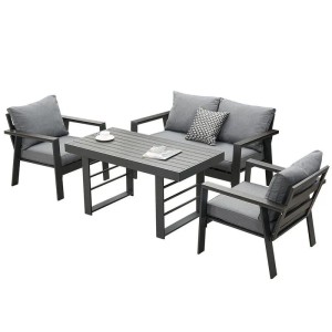Graue MeXo Aluminium Dining Lounge mit Esstisch für 4 Personen im Garten.