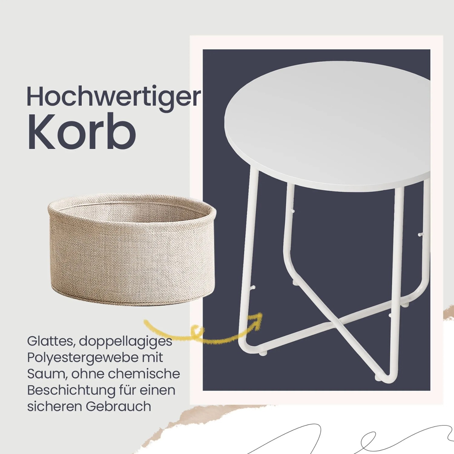 Songmics Beistelltisch Lilea, runder Couchtisch in Weiß-Beige mit Stoffkorb.