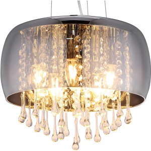 Elegante Globo Pendelleuchte Kalla Chrom mit Glaskristallen und rauchfarbenem Lampenschirm.