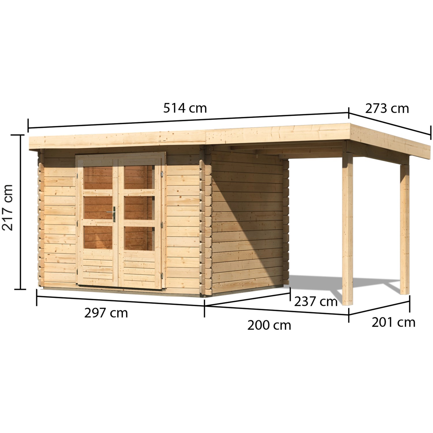 Karibu Holz-Gartenhaus Ängelholm Natur mit Pultdach, Maße und Ansicht des unbehandelten Gartenhauses.