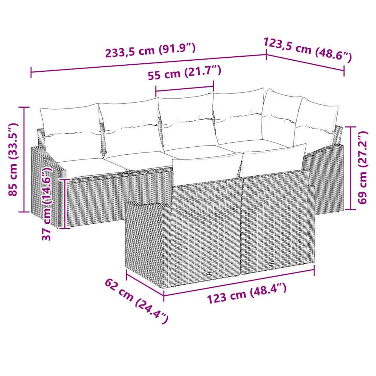Braunes 7-teiliges Garten-Sofa-Set aus Poly Rattan von vidaXL mit Maßangaben.