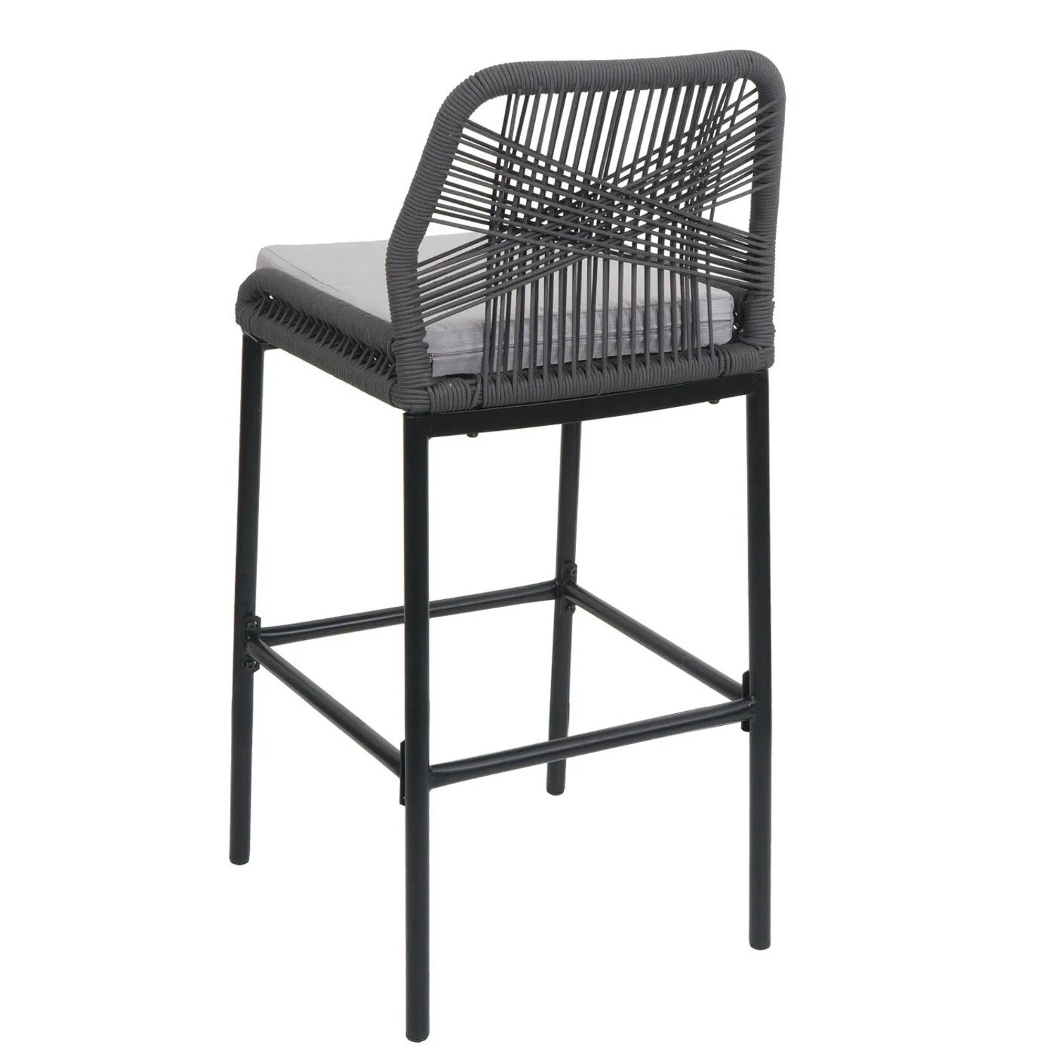 Anthrazit Rope-Barhocker mit hellgrauem Kissen, schwarzem Metallgestell und Fußstütze. Modern für Küche & Outdoor.