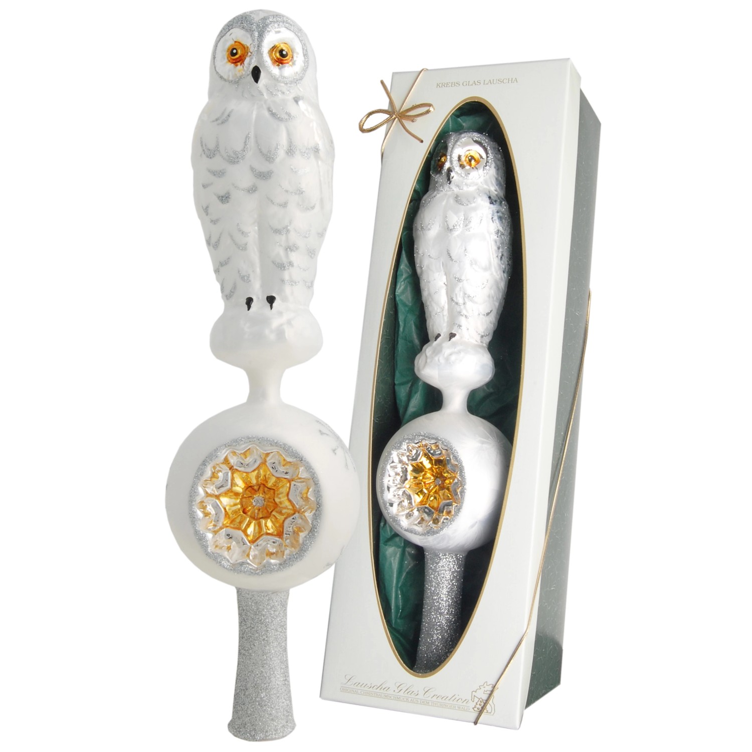 Krebs Glas Lauscha Baumschmuck Schnee-Eule Eislack Weiß 32cm