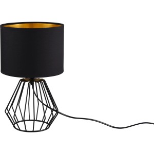 Schwarze Tischleuchte Chuck mit Stoffschirm Schwarz-Gold, Designlampe für Wohnzimmer.