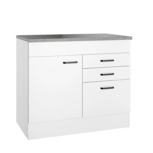 OPTIFIT Spülenunterschrank Bonn214, 100cm breit, weiß mit grauer Arbeitsplatte, Tür und Schubladen.