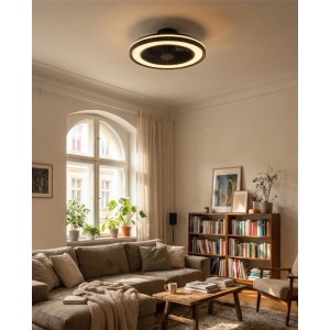 Schwarzer Eglo LED-Deckenventilator Sint Andre mit leuchtendem Ring, integriert in ein modernes Wohnzimmer.