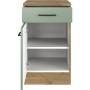 Flex-Well Unterschrank Cara, 50 cm, Schilfgrün/Artisan Eiche, mit Schublade und offener Tür.