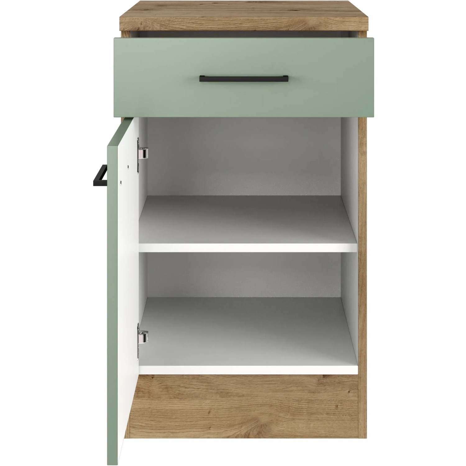 Flex-Well Unterschrank Cara, 50 cm, Schilfgrün/Artisan Eiche, mit Schublade und offener Tür.