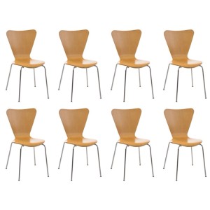 Acht naturfarbene CLP Calisto Konferenzstühle aus Holz mit verchromtem Metallgestell. Modernes Esszimmerstuhl-Set.