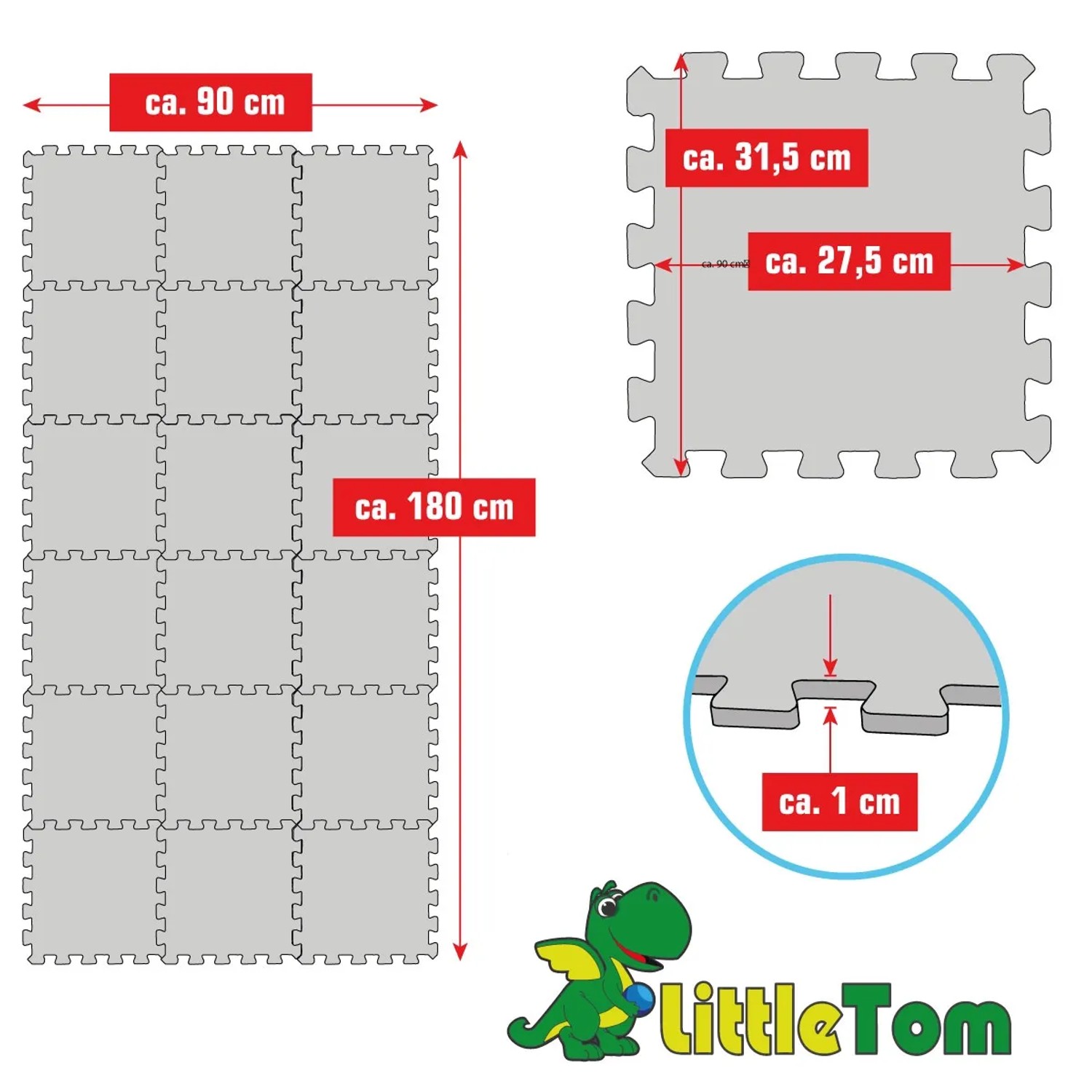 LittleTom Puzzlematte, 18 braune Teile, 30x30cm. Detailansichten mit Maßen.