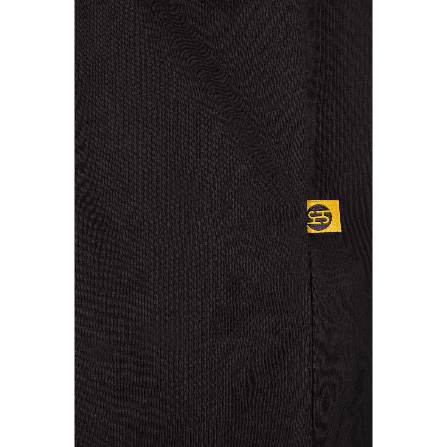 Schwarzes Hans Schäfer Workwear T-Shirt, Größe S, Detailansicht des Stoffes und Logo.