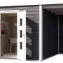 Modernes, anthrazitfarbenes Weka Holz-Gartenhaus mit Anbau und geöffneter Tür.