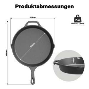 Technische Zeichnung der Wiltec Gusseisen Bratpfanne Ø30cm mit Griff. Zeigt Maße und Gewicht 3,14 kg für Grillzubehör.