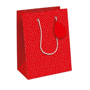 Rote Clairefontaine Geschenktasche M mit weißen Herzen, weißen Kordelgriffen und rotem Anhänger. Ideal für Geschenke.