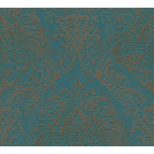 AS-Creation Vliestapete mit Barock Ornament in Petrol und Gold.