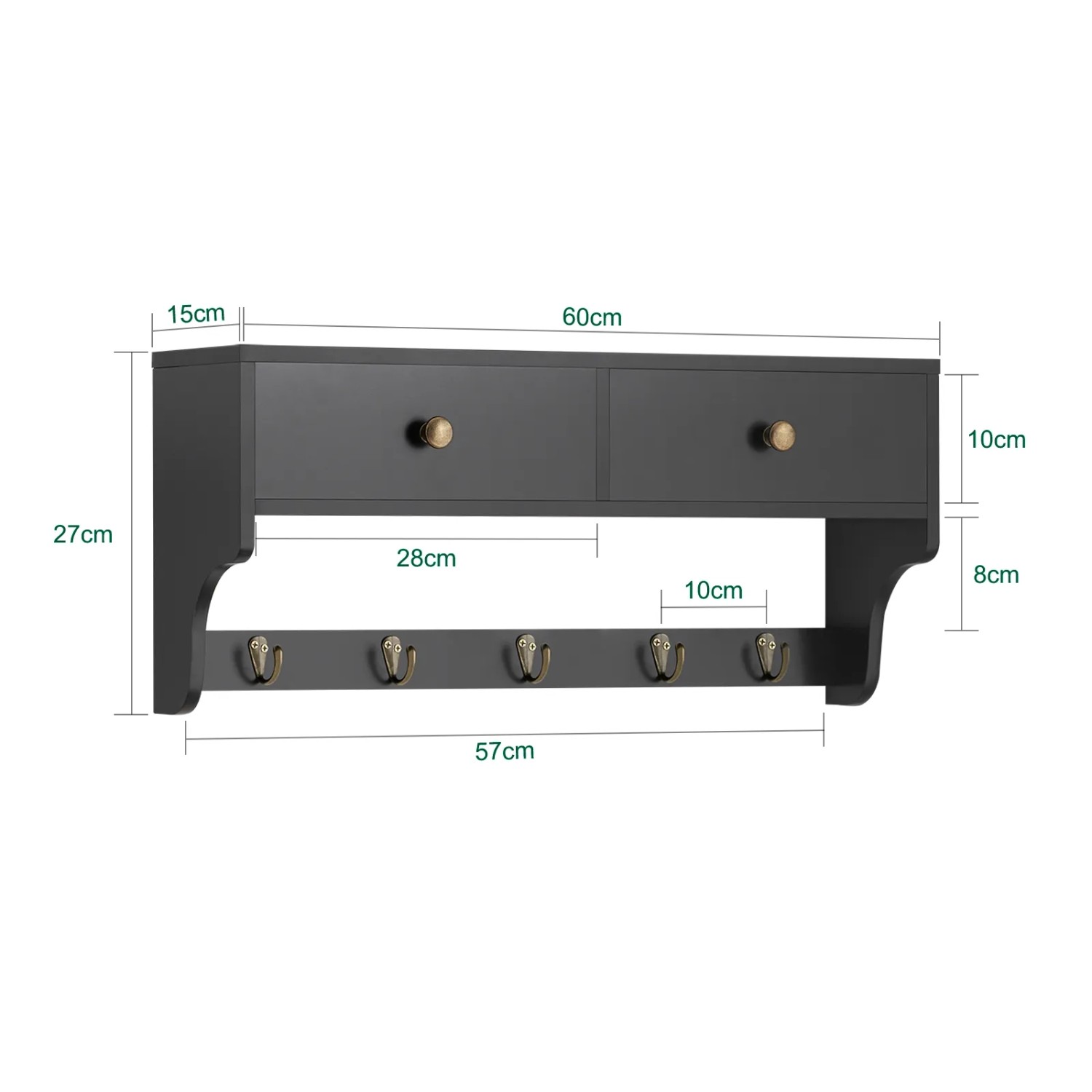 Schwarze Wandgarderobe mit 2 Schubladen und 5 Haken von SoBuy, MDF, 60x27x15cm.