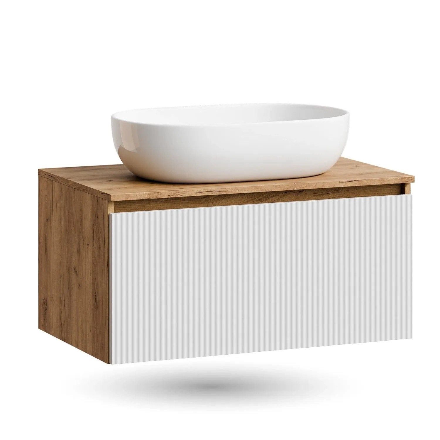 Planetmöbel ARISA Waschtisch 80 cm Weiß Geriffelt mit Keramik Aufsatzwaschbecken 60 cm in Weiß Soft Close