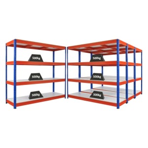 PROREGAL Mega Deal 4x Schwerlastregal Dino HxBxT 180x200x60cm 4 Melamin-Ebenen 16mm Fachlast 500kg Blau/Orange