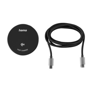 Hama Qi2 Ladegerät, schwarz, rund, mit USB-C Kabel. Kabelloses Induktiv Schnellladen für Handy-Zubehör.