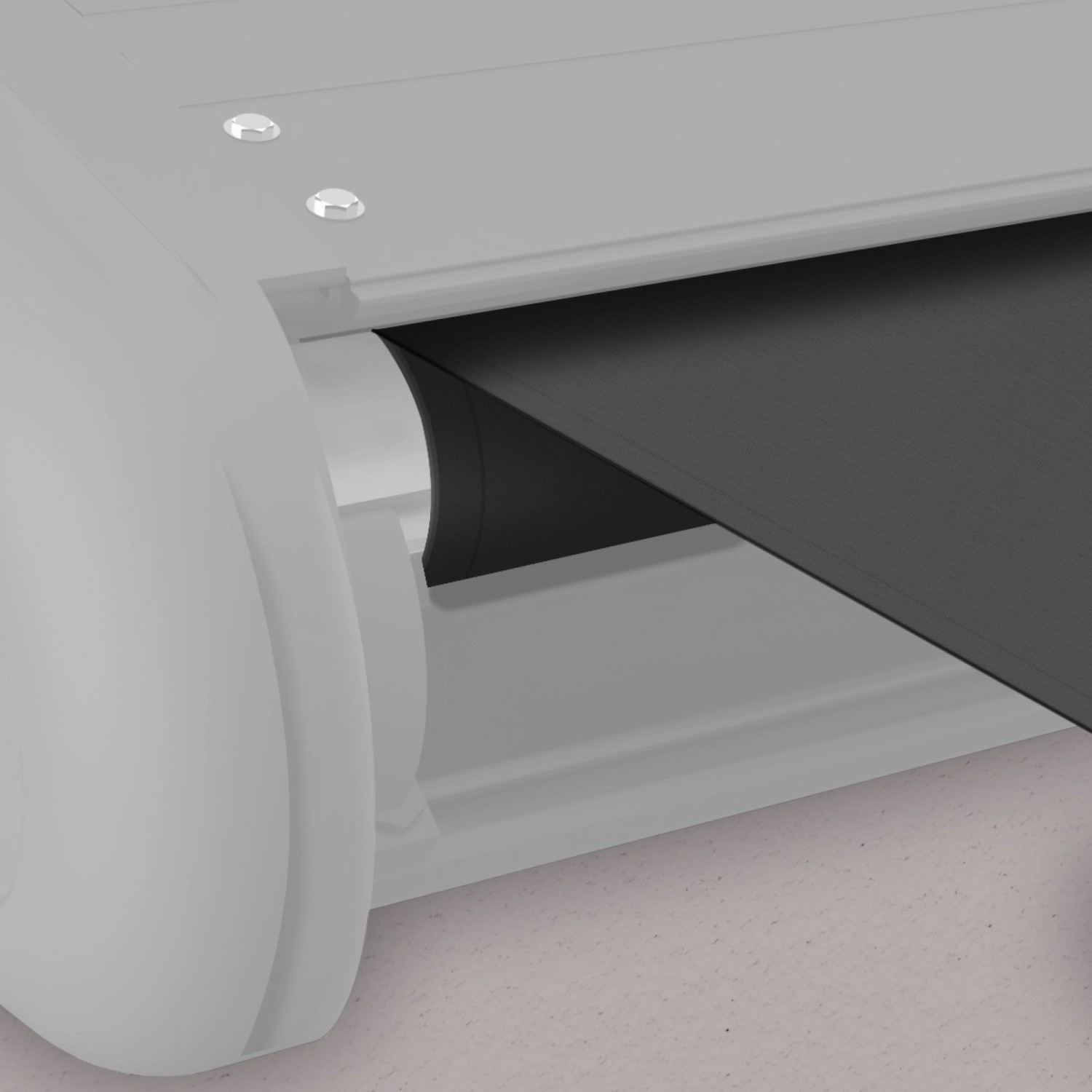Elektrische Kassettenmarkise Eclipse, weiße Kassette, graues Tuch. Markise für Sonnenschutz.