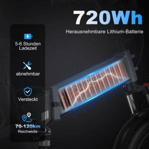 HITWAY E-Bike: Transparente Ansicht des 720Wh Lithium-Akkus im Rahmen, abnehmbar, versteckt, 70-120km Reichweite.