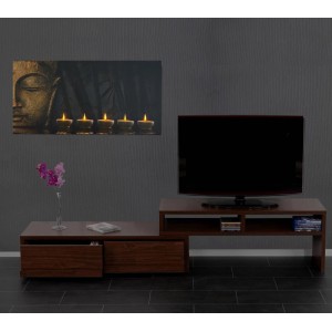 LED-Leinwandbild Buddha mit goldenem Kopf und fünf flackernden Kerzen, 110x55cm, Timer.