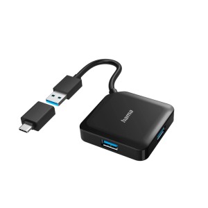 Schwarzer Hama USB-Hub mit 4 Ports, USB 3.2 Gen1 und USB-C Adapter für Computer & Multimedia.