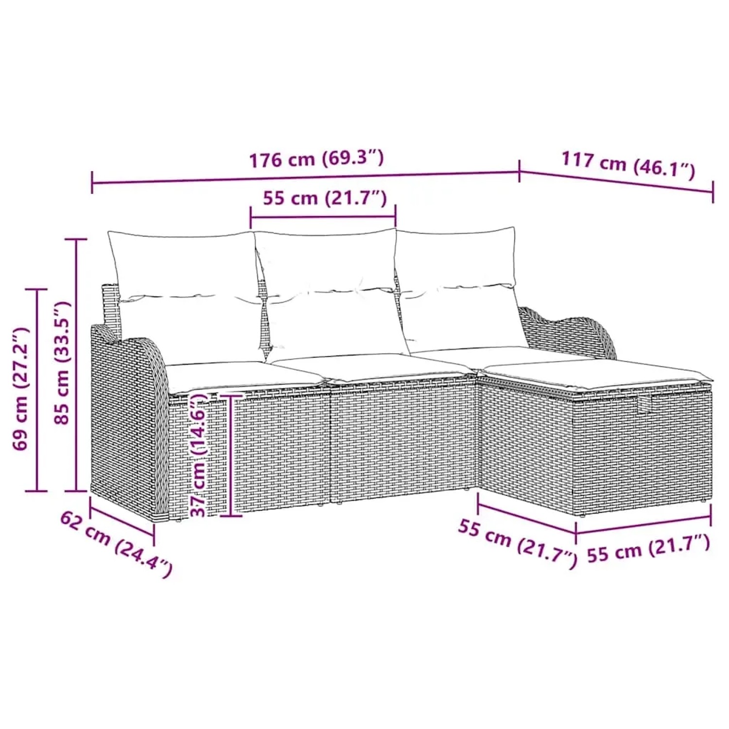 Graues 4-tlg. vidaXL Garten-Sofa-Set aus Polyrattan mit Kissen und Stauraum.