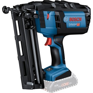 Bosch Professional Akku-Holznagler GNH 18V-64: Blauer Tacker mit Magazin und rotem Auslöser.