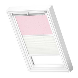 Velux Verdunkelungsrollo Plus DFD C02, 55x78 cm, rosa mit Sternen und weißes Plissee für Dachfenster.
