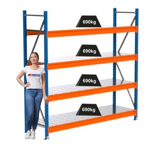 PROREGAL Industrie Weitspannregal Lagerregal MAXIMUS PRO Grundregal HxBxT 200x200x60cm 4 Stahlplatten-Fachboden Fachlast 690kg Blau/Orange