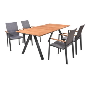 DELUKE Garten-Sitzgruppe FAYE, 5-teilig, Teak/Dunkelgrau, Gartenmöbel-Set mit Esstisch und Stapelstühlen.