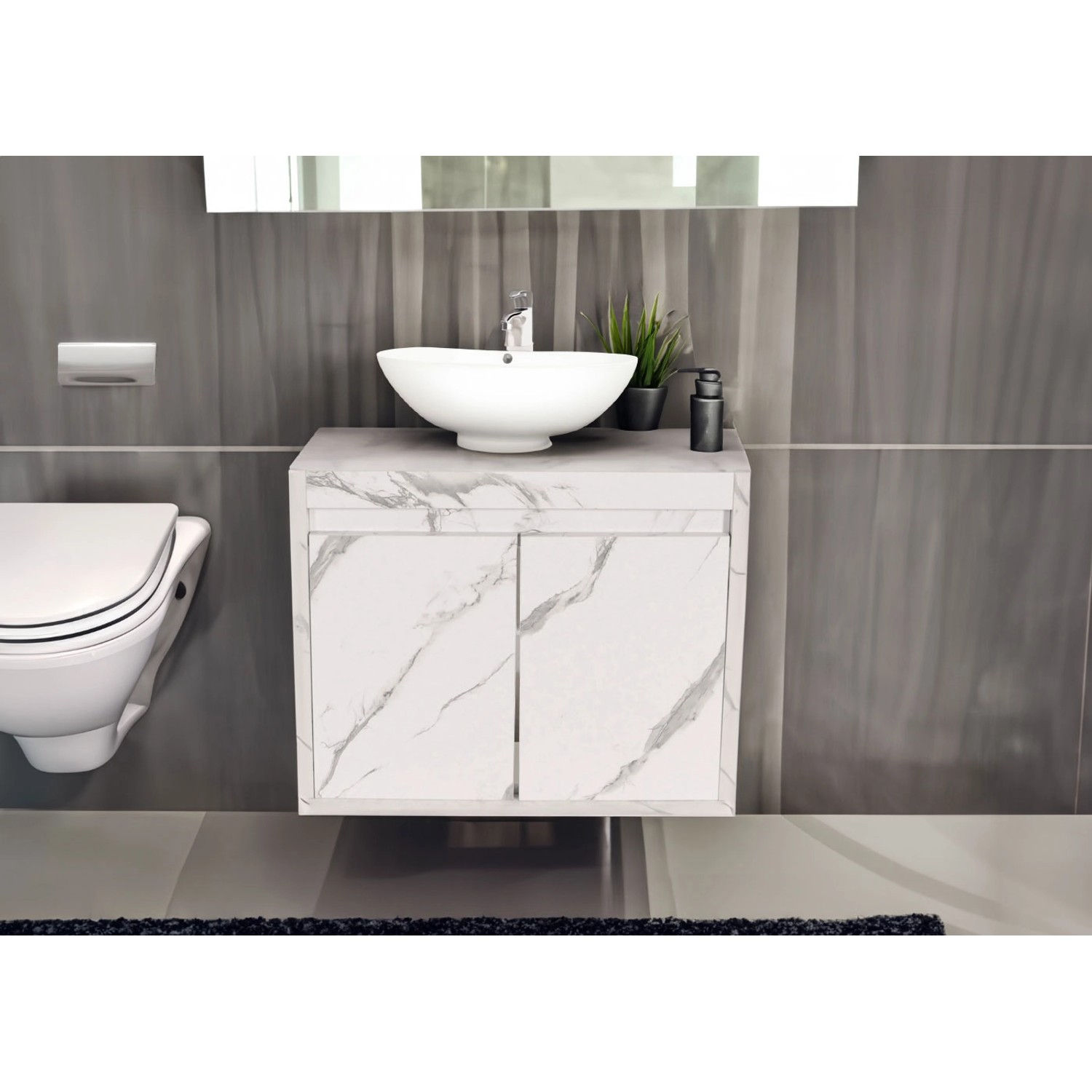 MCW Waschbeckenunterschrank L86 in Marmor-Optik Weiß mit 2 Türen und Soft-Close.