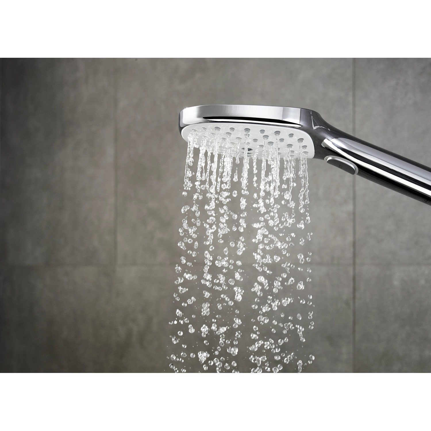 Hansgrohe Raindance Select E 120 Handbrause, 3 Strahlarten, Weiß-Chrom, mit Wasserstrahl.