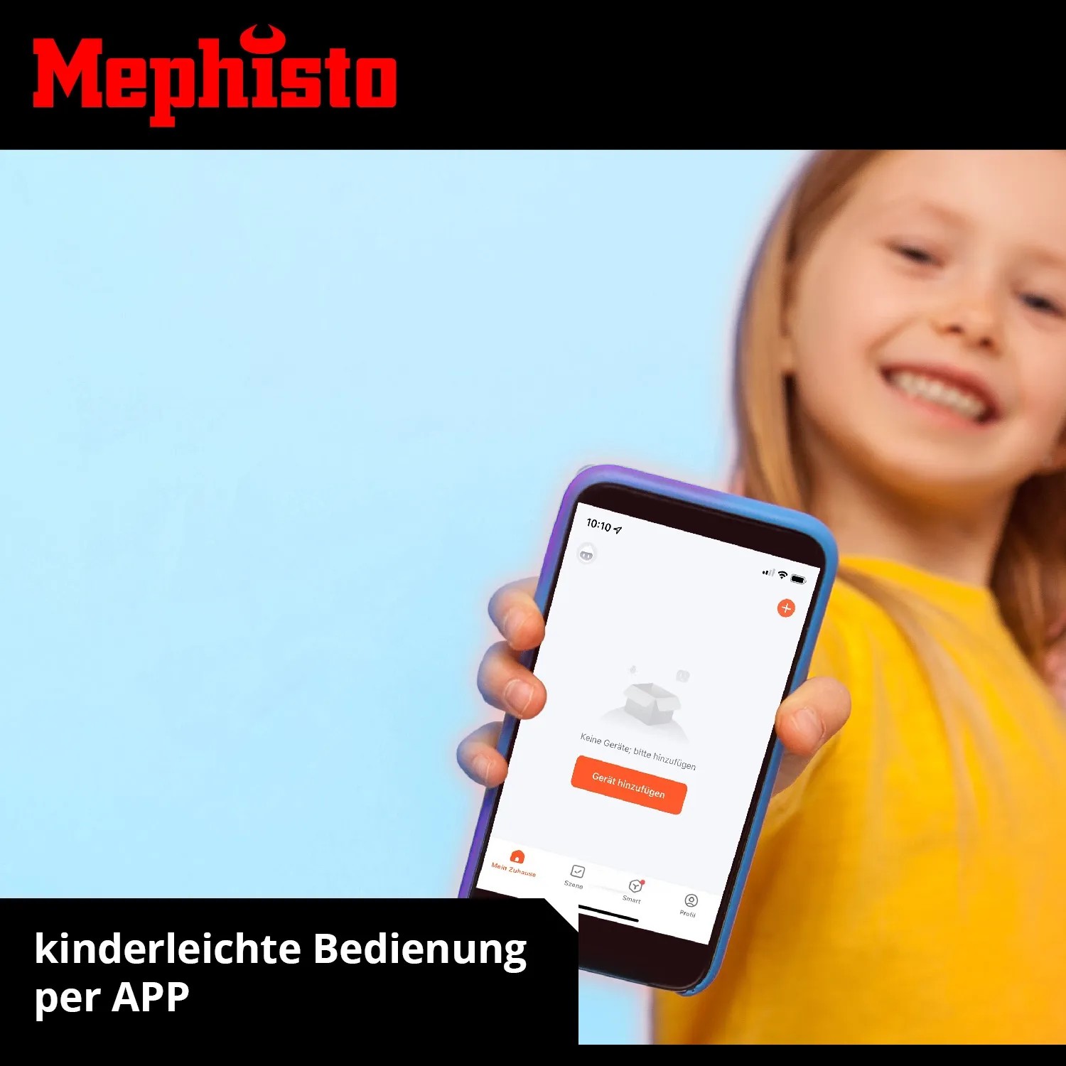 Kind bedient Mephisto Infrarotheizung per App auf Smartphone. Elektrische Heizgeräte einfach steuern.