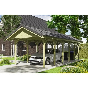 Satteldach-Carport Wallgau mit Dachlattung, Holzkonstruktion mit Auto. Einzelcarport für PKW.