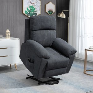 Grauer HOMCOM Loungesessel mit Aufstehhilfe aus Leinen-Polyester-Stoff, leicht erhöht. Zeigt die Liftfunktion und Seitenfächer.